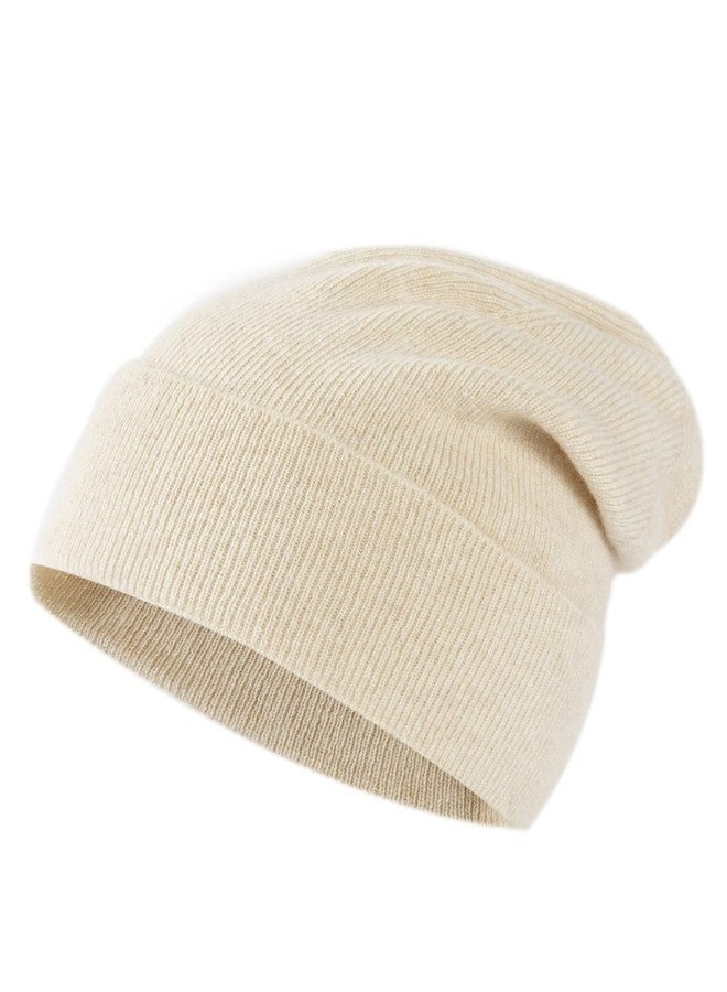 Lallier Unisex 100% Pure Cashmere Beanie, Ribbed Cuffed Hat Warm Soft with Gift Box for Women and Men (Cream White) - Image 1